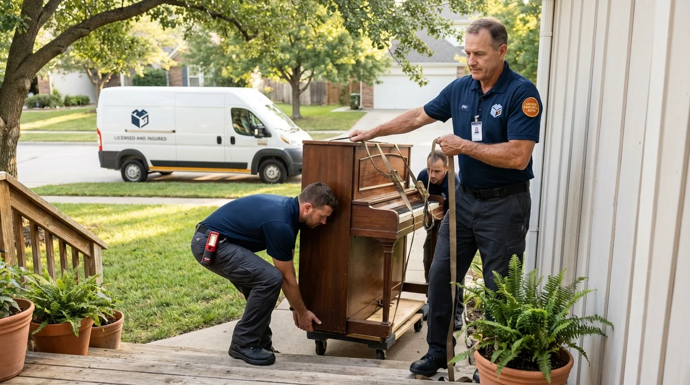 Licensed piano movers securing grand piano in Reisterstown, MD