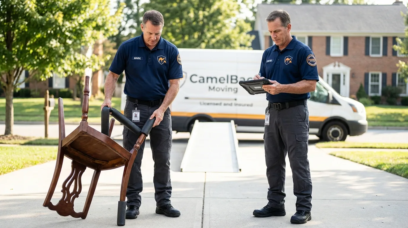 Movers inspecting furniture for damage prevention before loading in Reisterstown, MD