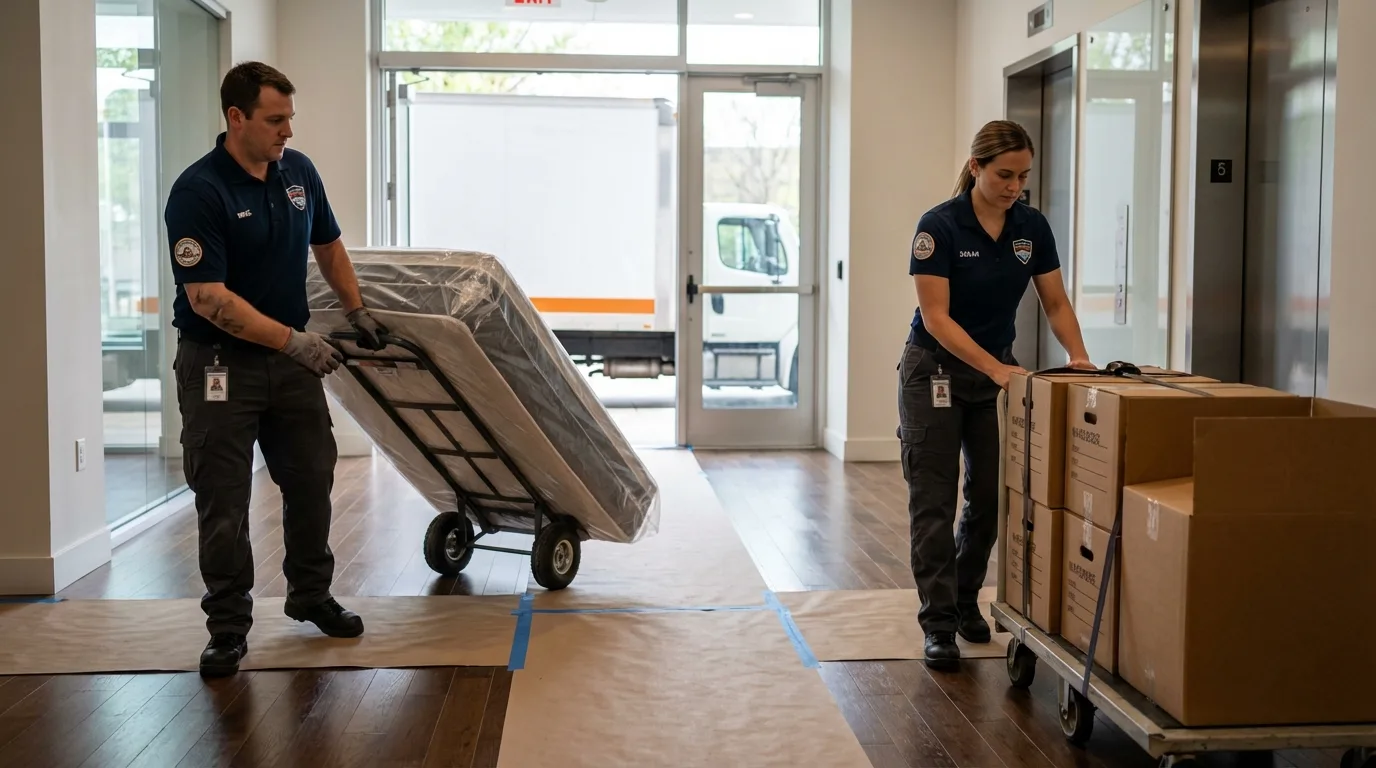 Professional apartment movers loading elevator in Reisterstown, MD